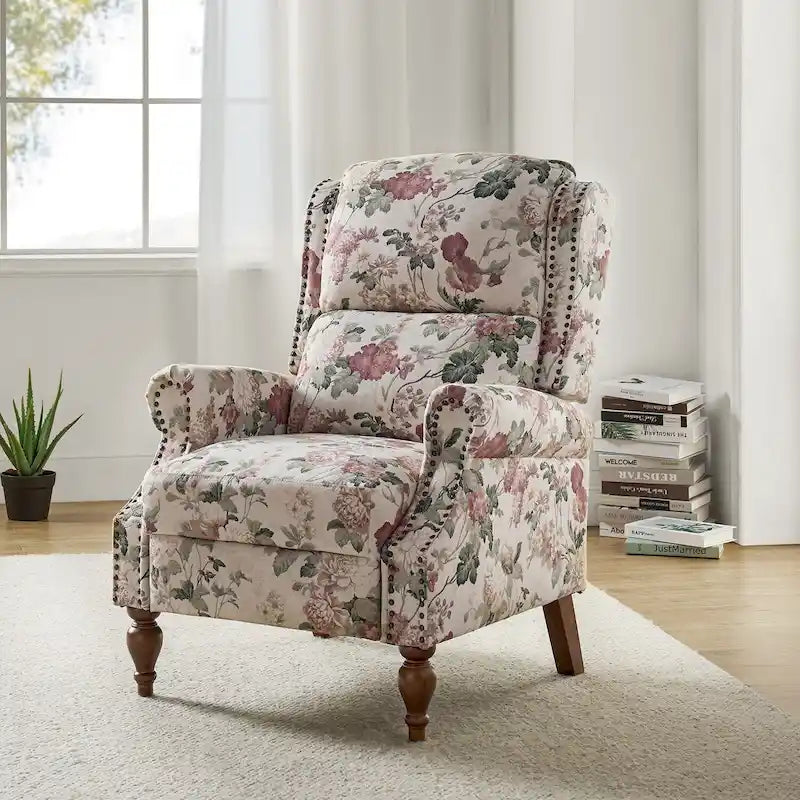 Classic Wingback Manual Recliner with Nailhead Trim Roll Arms Upholstered Fabric