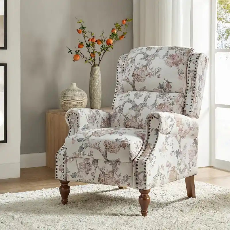 Classic Wingback Manual Recliner with Nailhead Trim Roll Arms Upholstered Fabric