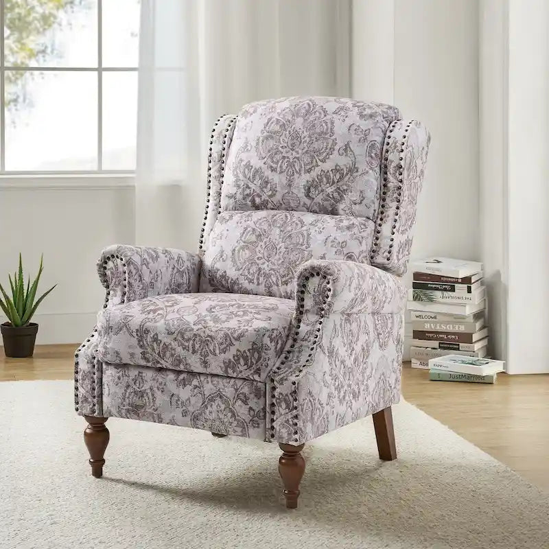 Classic Wingback Manual Recliner with Nailhead Trim Roll Arms Upholstered Fabric