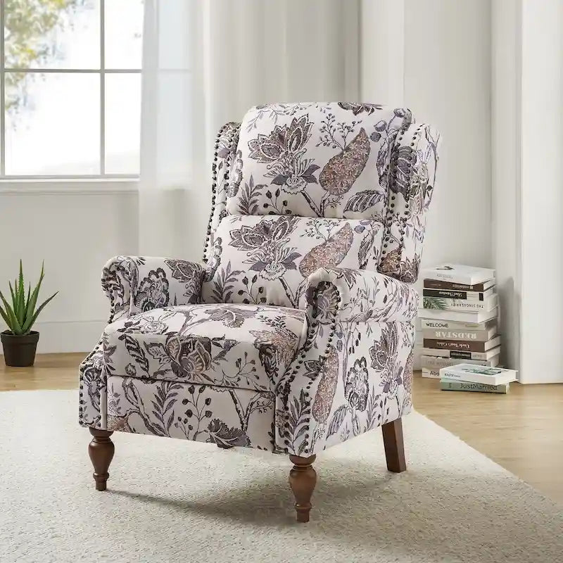 Classic Wingback Manual Recliner with Nailhead Trim Roll Arms Upholstered Fabric