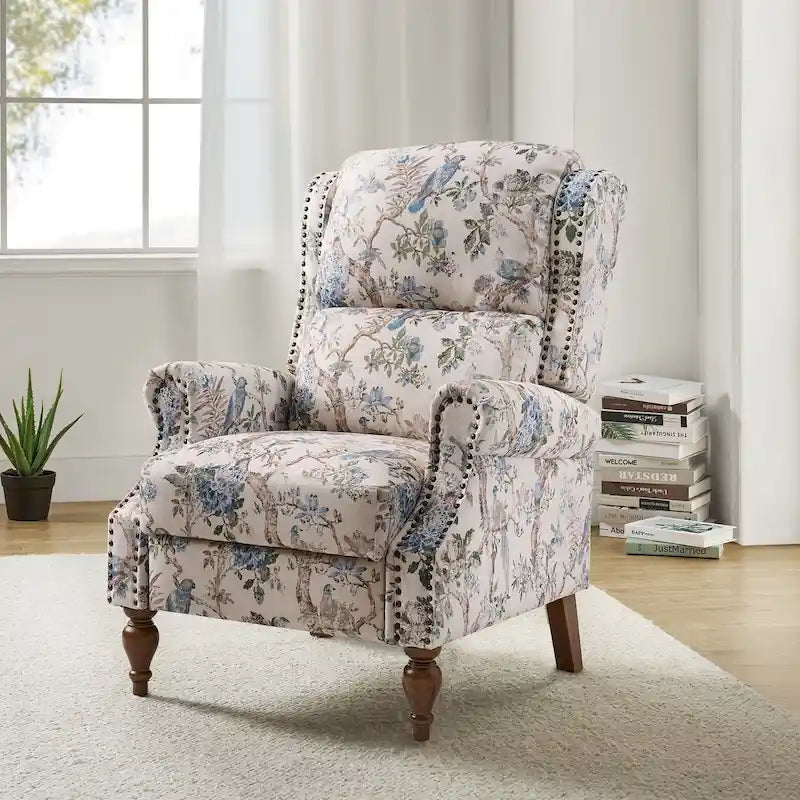 Classic Wingback Manual Recliner with Nailhead Trim Roll Arms Upholstered Fabric