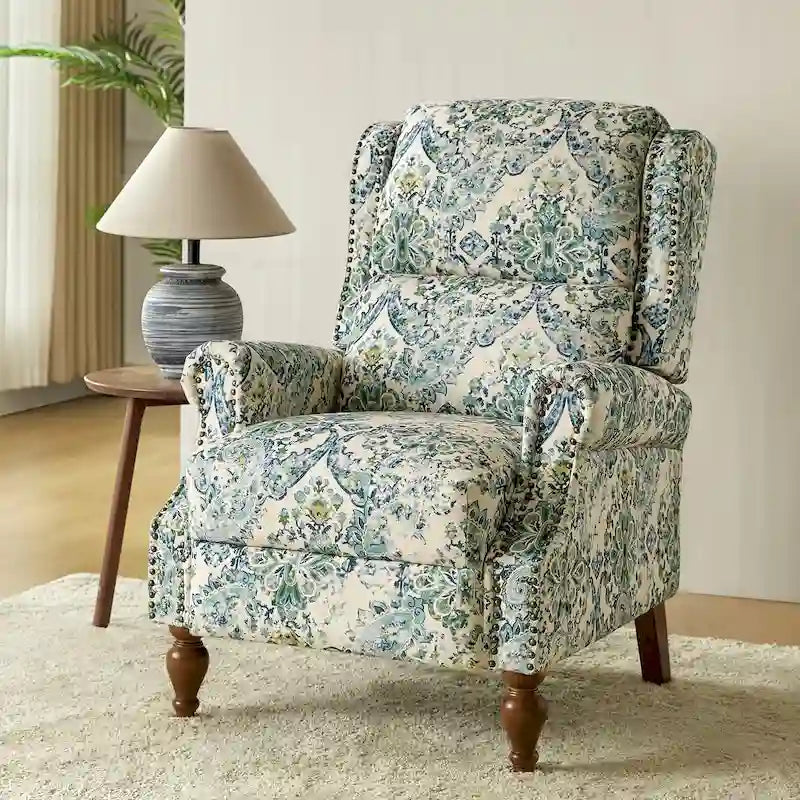 Classic Wingback Manual Recliner with Nailhead Trim Roll Arms Upholstered Fabric