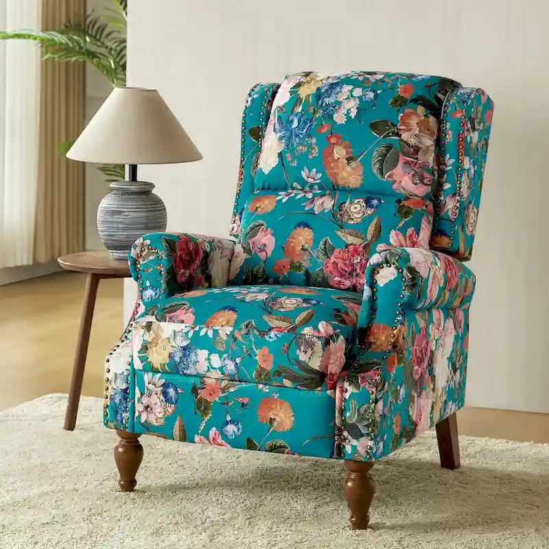 Classic Wingback Manual Recliner with Nailhead Trim Roll Arms Upholstered Fabric