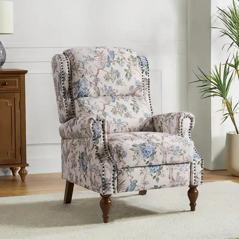 Classic Wingback Manual Recliner with Nailhead Trim Roll Arms Upholstered Fabric