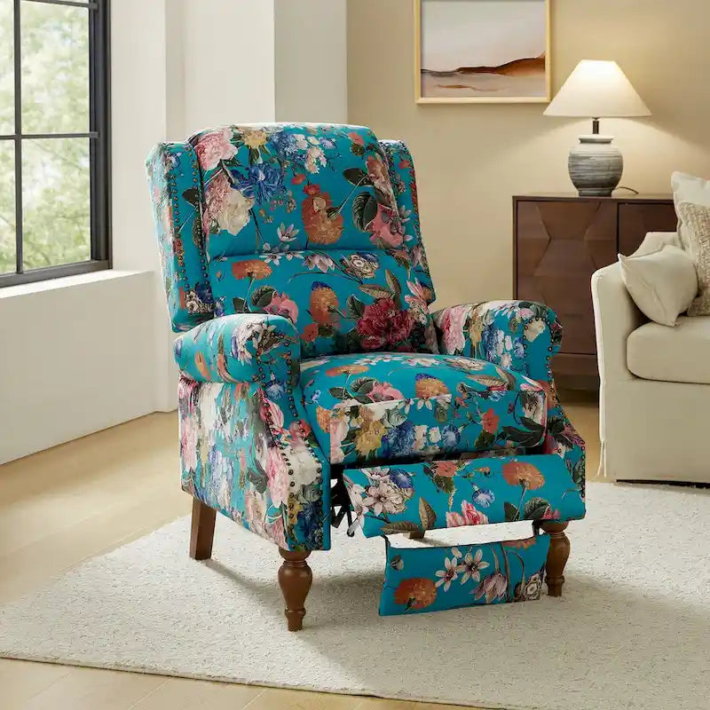 Classic Wingback Manual Recliner with Nailhead Trim Roll Arms Upholstered Fabric
