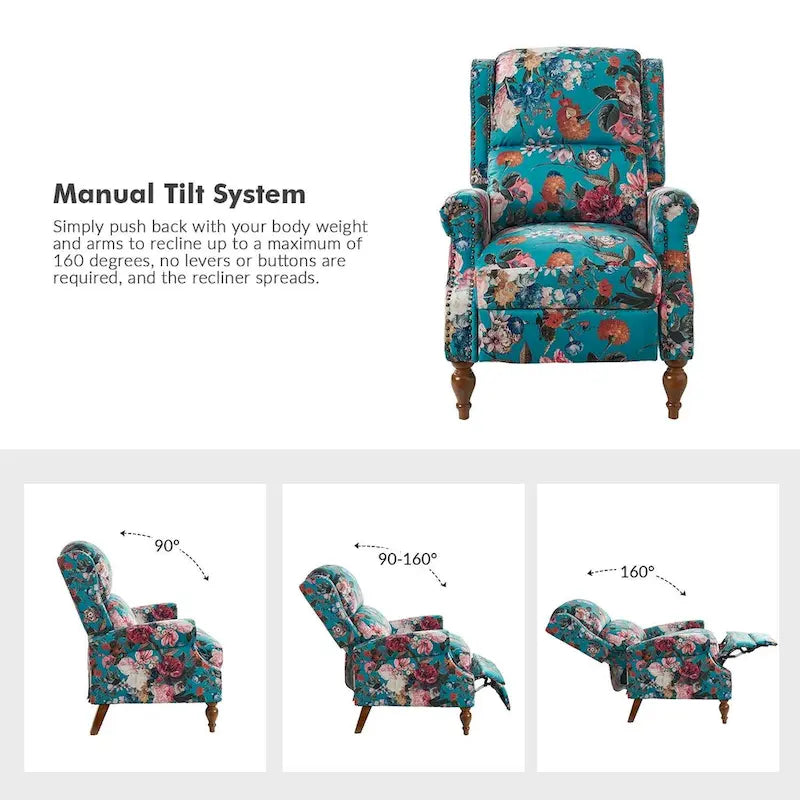 Classic Wingback Manual Recliner with Nailhead Trim Roll Arms Upholstered Fabric