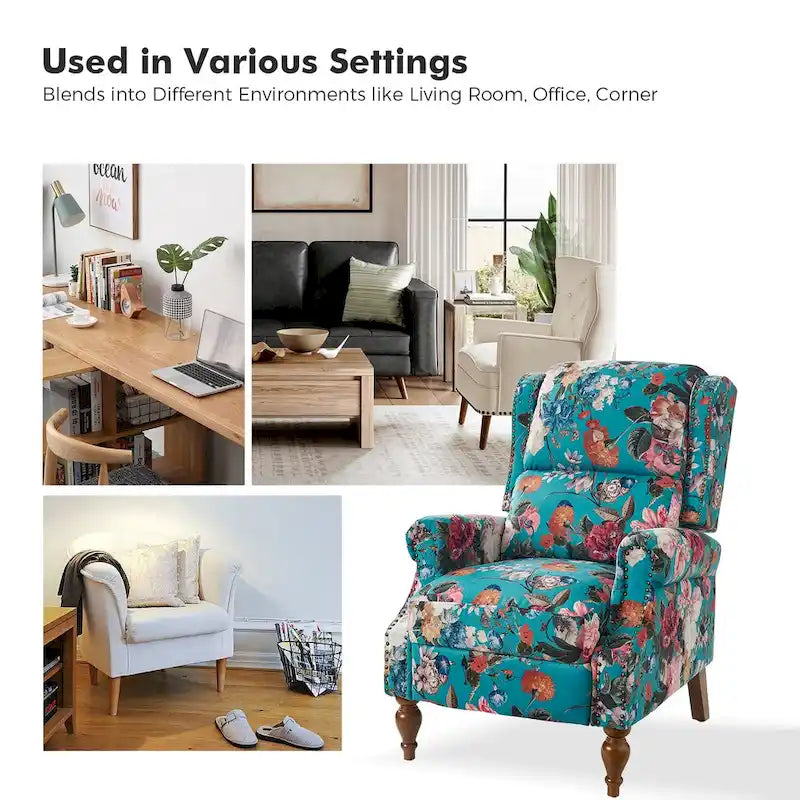 Classic Wingback Manual Recliner with Nailhead Trim Roll Arms Upholstered Fabric