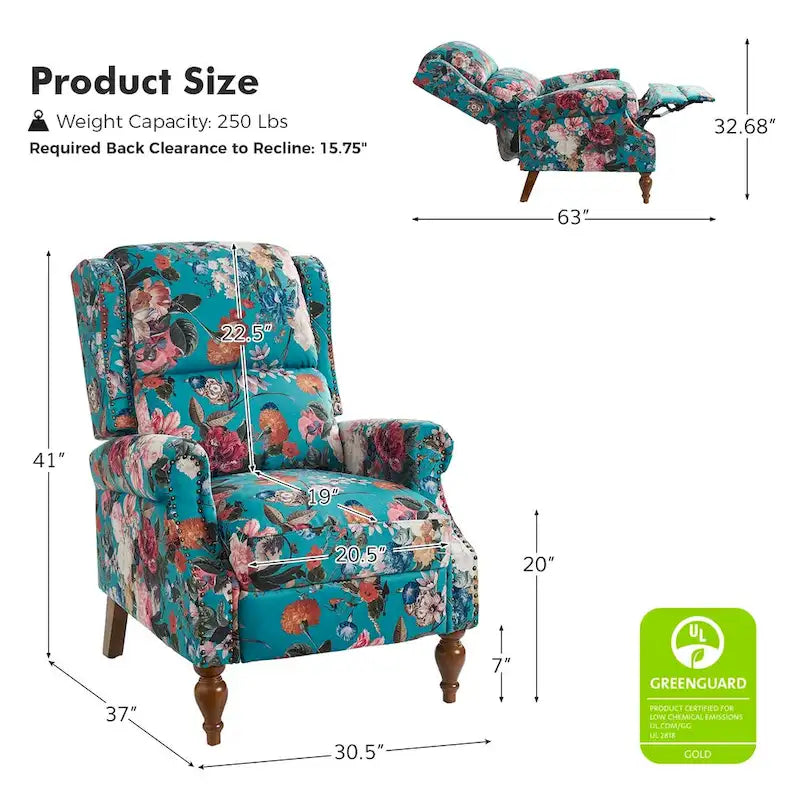 Classic Wingback Manual Recliner with Nailhead Trim Roll Arms Upholstered Fabric