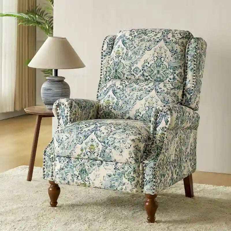 Classic Wingback Manual Recliner with Nailhead Trim Roll Arms Upholstered Fabric