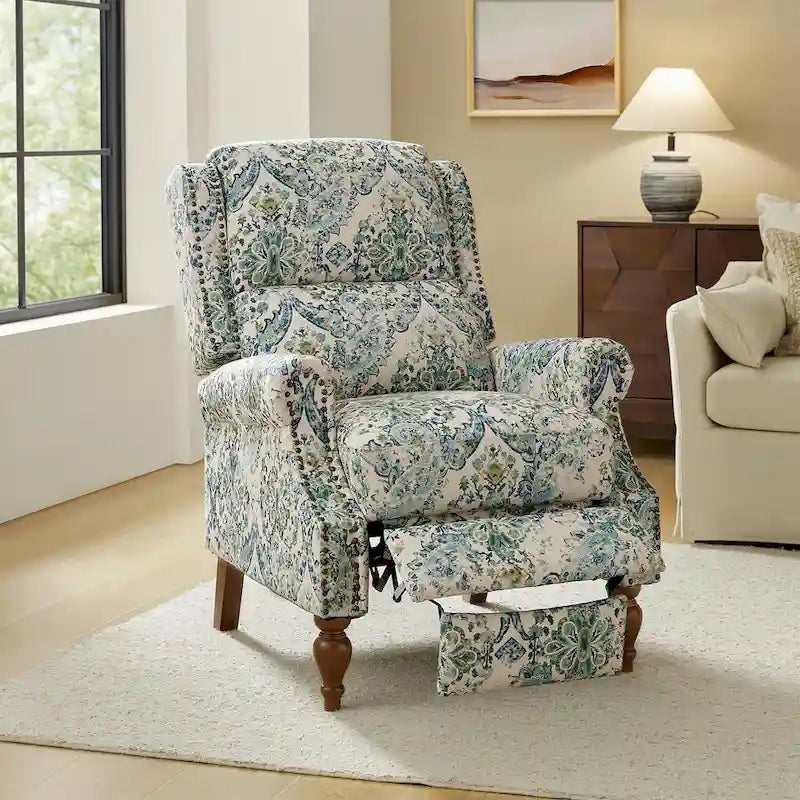 Classic Wingback Manual Recliner with Nailhead Trim Roll Arms Upholstered Fabric