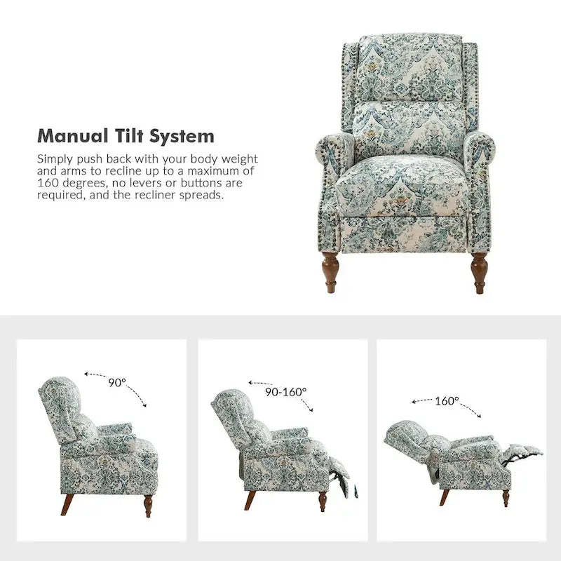 Classic Wingback Manual Recliner with Nailhead Trim Roll Arms Upholstered Fabric
