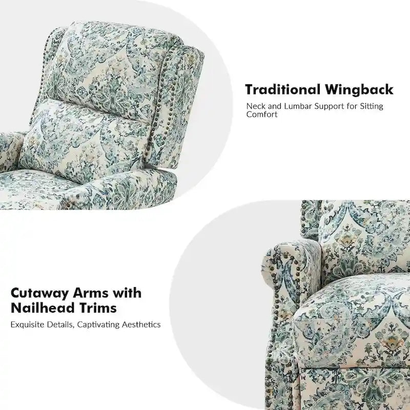 Classic Wingback Manual Recliner with Nailhead Trim Roll Arms Upholstered Fabric