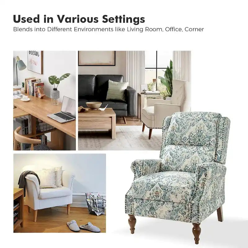 Classic Wingback Manual Recliner with Nailhead Trim Roll Arms Upholstered Fabric