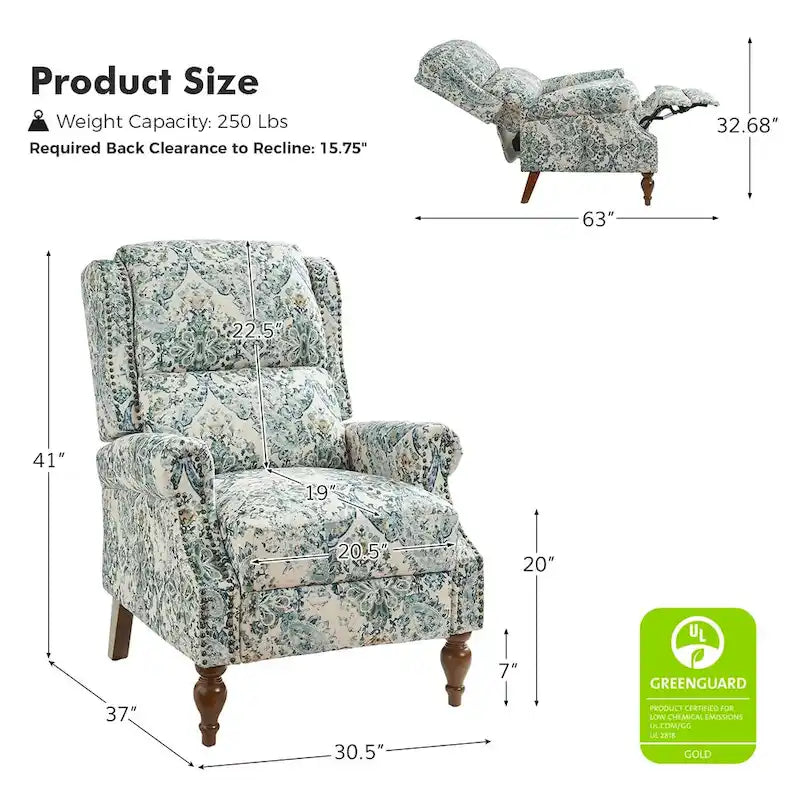 Classic Wingback Manual Recliner with Nailhead Trim Roll Arms Upholstered Fabric