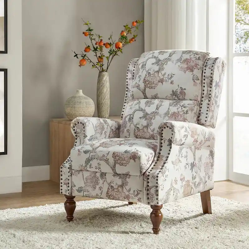 Classic Wingback Manual Recliner with Nailhead Trim Roll Arms Upholstered Fabric