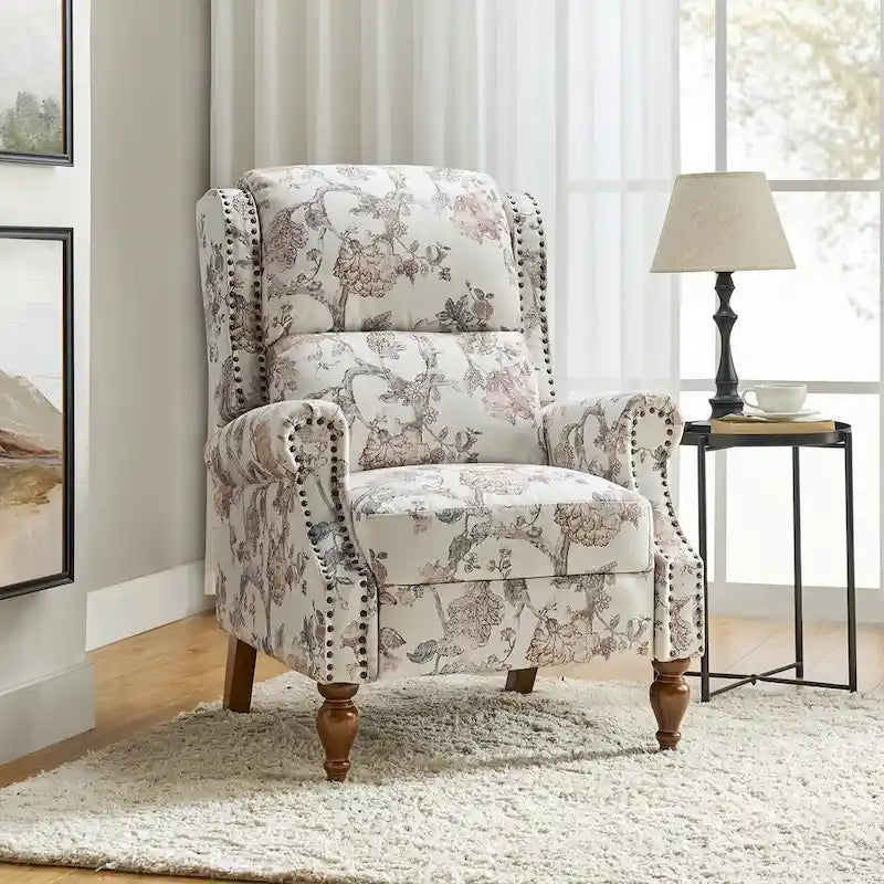 Classic Wingback Manual Recliner with Nailhead Trim Roll Arms Upholstered Fabric