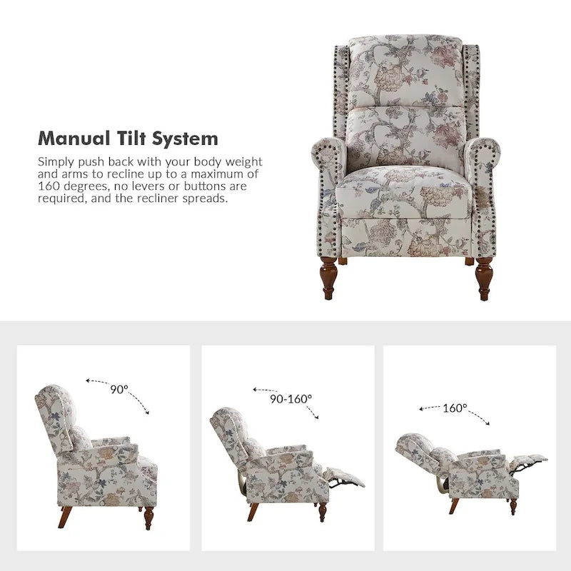 Classic Wingback Manual Recliner with Nailhead Trim Roll Arms Upholstered Fabric