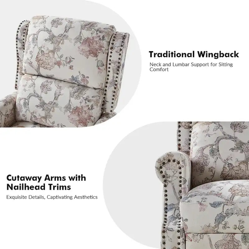 Classic Wingback Manual Recliner with Nailhead Trim Roll Arms Upholstered Fabric