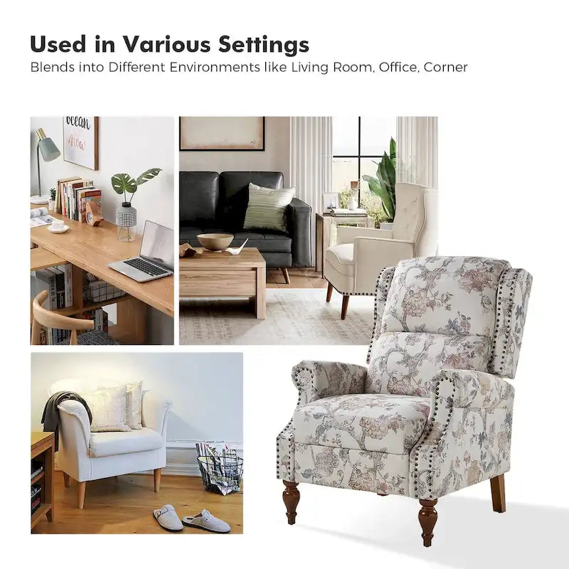 Classic Wingback Manual Recliner with Nailhead Trim Roll Arms Upholstered Fabric
