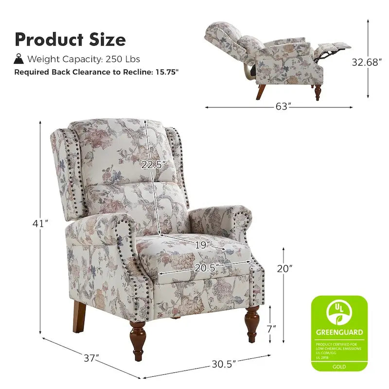 Classic Wingback Manual Recliner with Nailhead Trim Roll Arms Upholstered Fabric