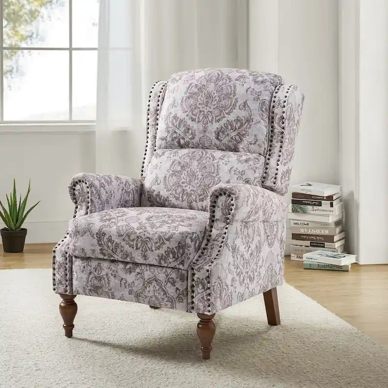 Classic Wingback Manual Recliner with Nailhead Trim Roll Arms Upholstered Fabric