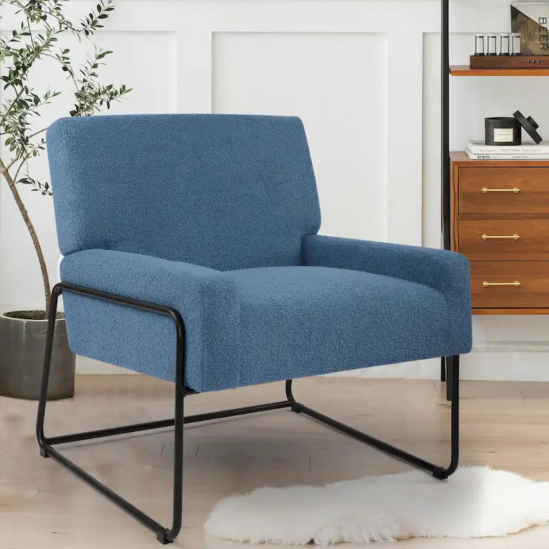 Boucle Fabric Accent Chair Lamb Wool Armchair with Metal Frame