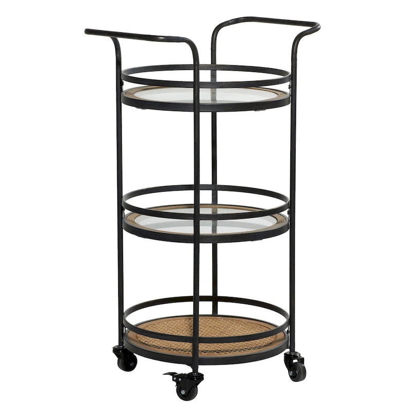 Metal Rolling 1 Rattan and 2 Glass Shelves Bar Cart with Handles - Brown - Roche River Decor - 16Wx21Lx35H