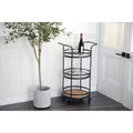 3-Tier Round Tray Rolling Bar Cart with Glass Rattan Shelves Black Brown