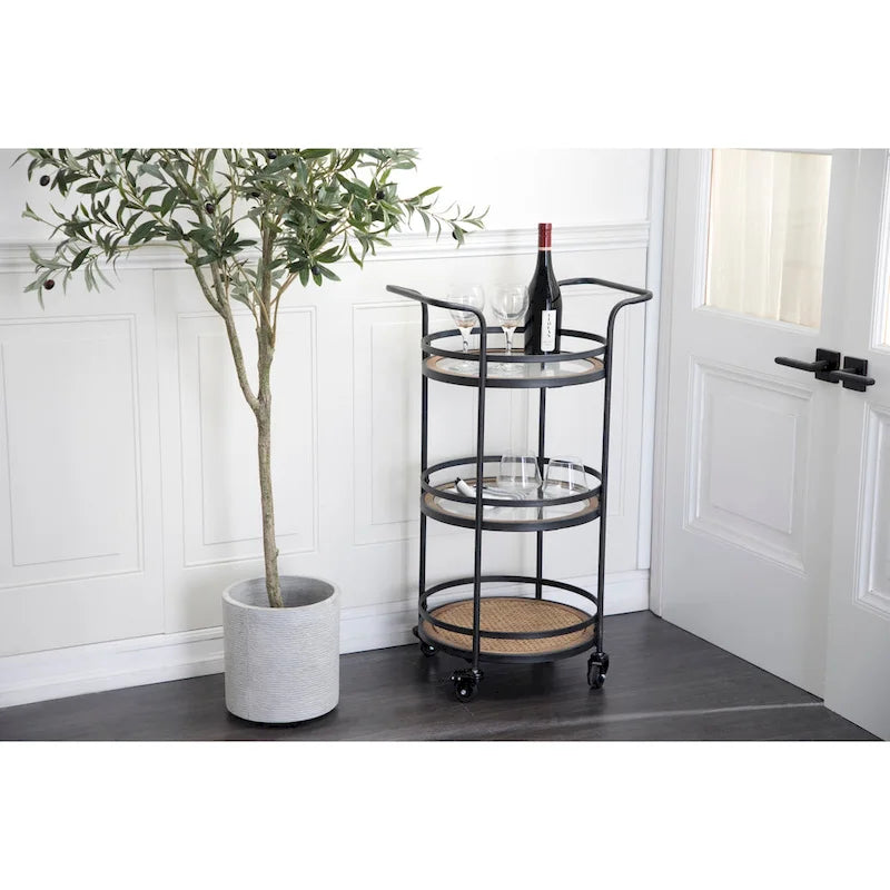 3-Tier Round Tray Rolling Bar Cart with Glass Rattan Shelves Black Brown