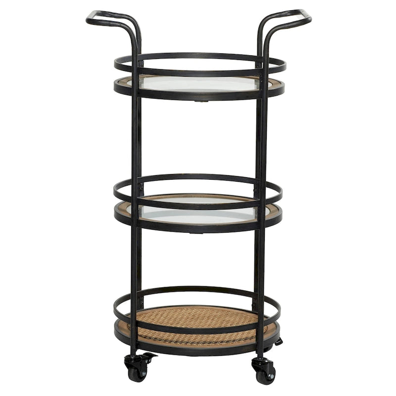 3-Tier Round Tray Rolling Bar Cart with Glass Rattan Shelves Black Brown