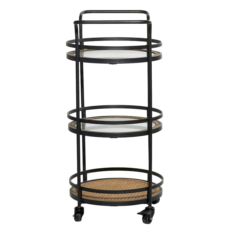 3-Tier Round Tray Rolling Bar Cart with Glass Rattan Shelves Black Brown