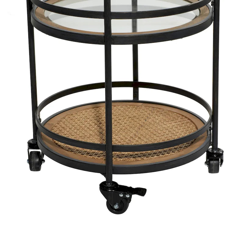 3-Tier Round Tray Rolling Bar Cart with Glass Rattan Shelves Black Brown