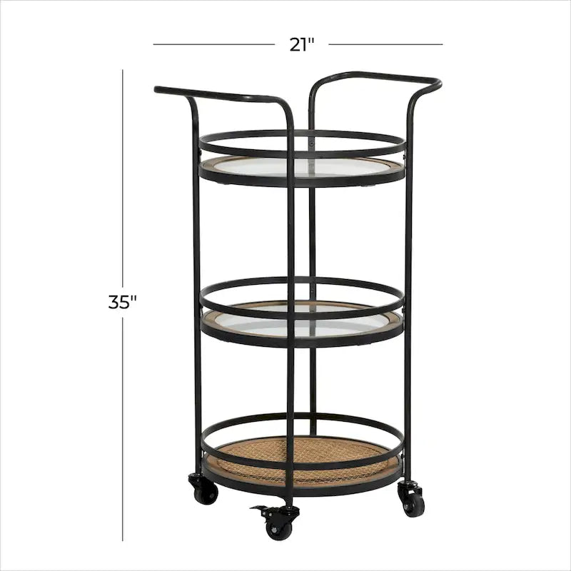 3-Tier Round Tray Rolling Bar Cart with Glass Rattan Shelves Black Brown