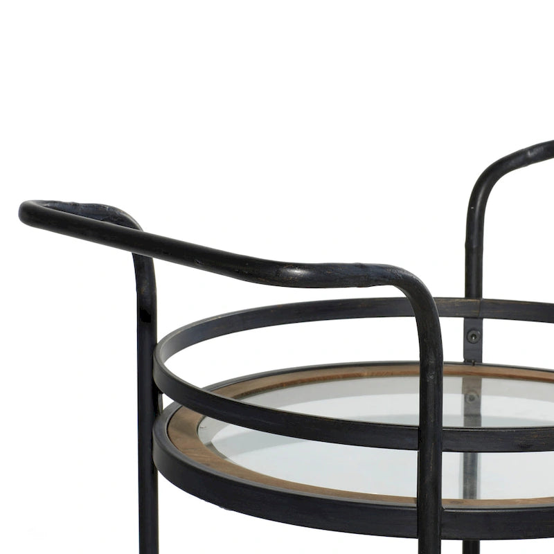 3-Tier Round Tray Rolling Bar Cart with Glass Rattan Shelves Black Brown