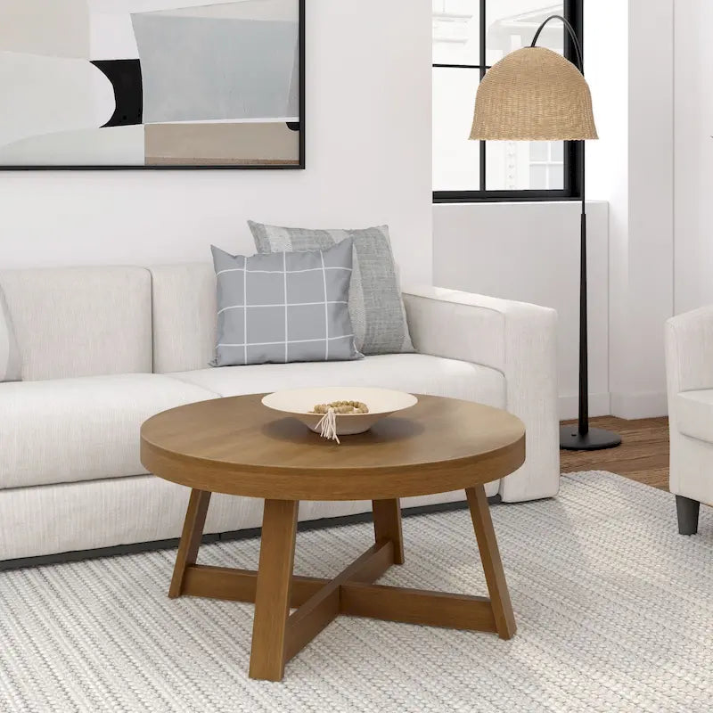 Round Solid Pine Wood Coffee Table Wirebrush Farmhouse Living Room