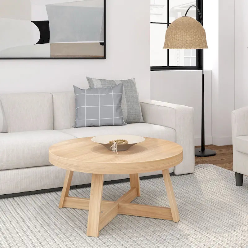 Round Solid Pine Wood Coffee Table Wirebrush Farmhouse Living Room