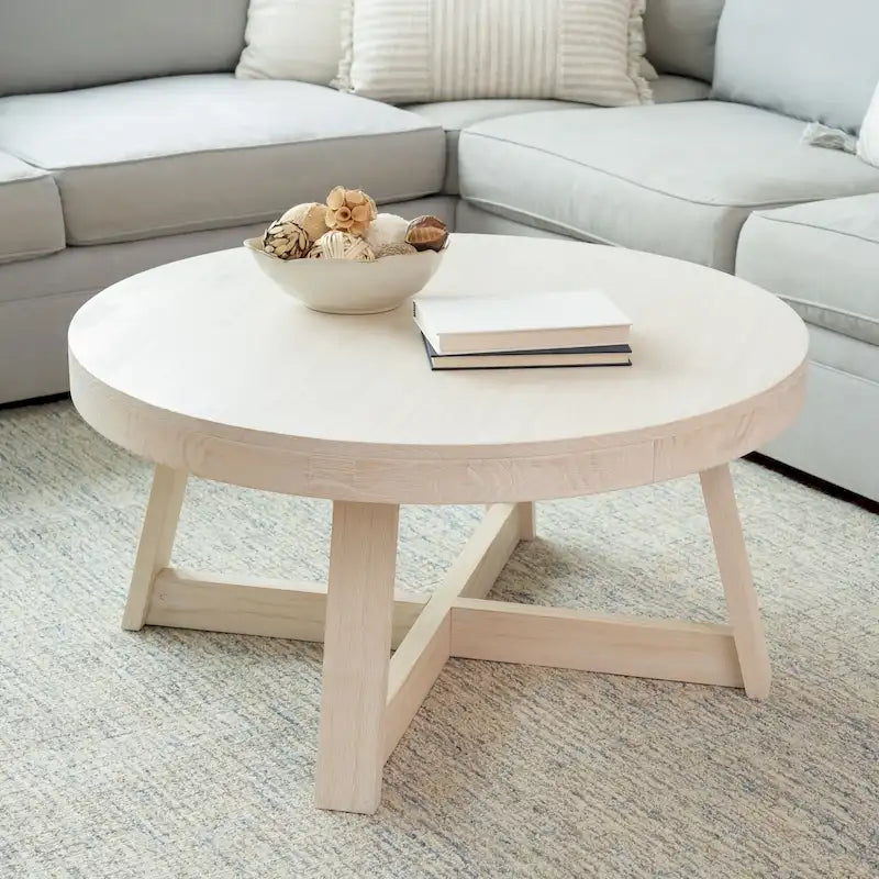 Round Solid Pine Wood Coffee Table Wirebrush Farmhouse Living Room