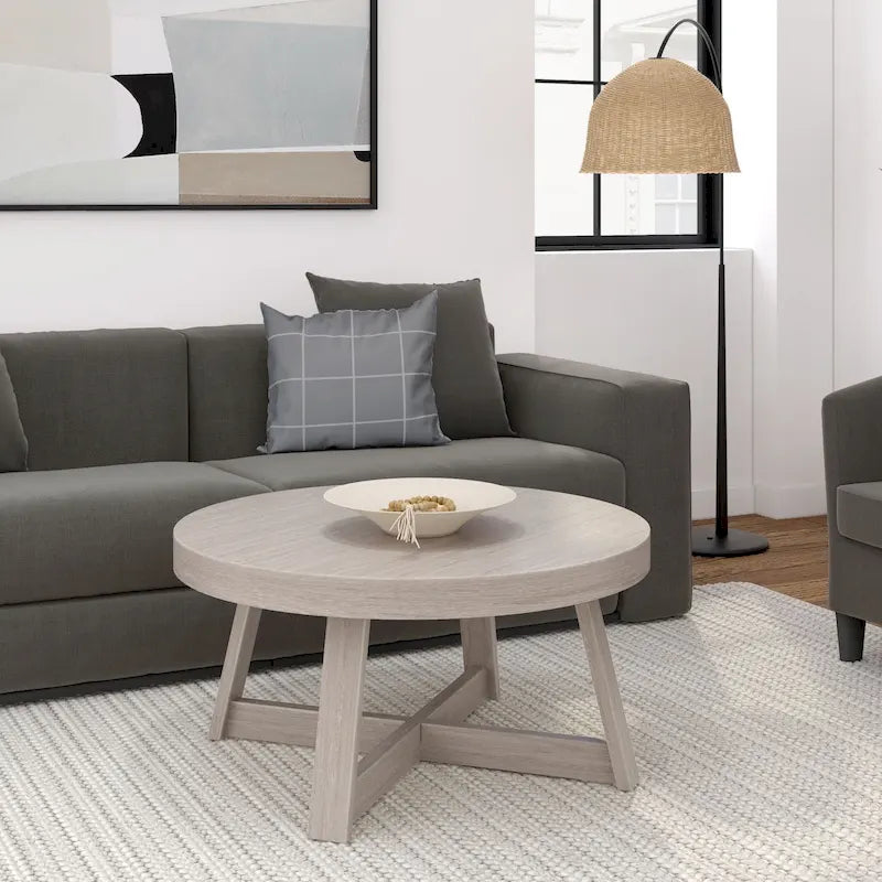 Round Solid Pine Wood Coffee Table Wirebrush Farmhouse Living Room