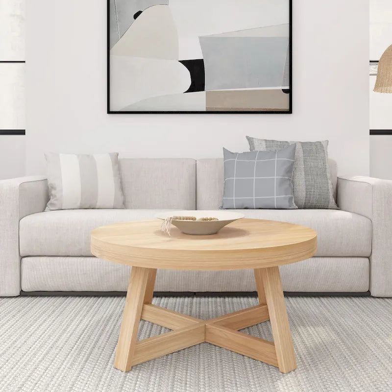 Round Solid Pine Wood Coffee Table Wirebrush Farmhouse Living Room