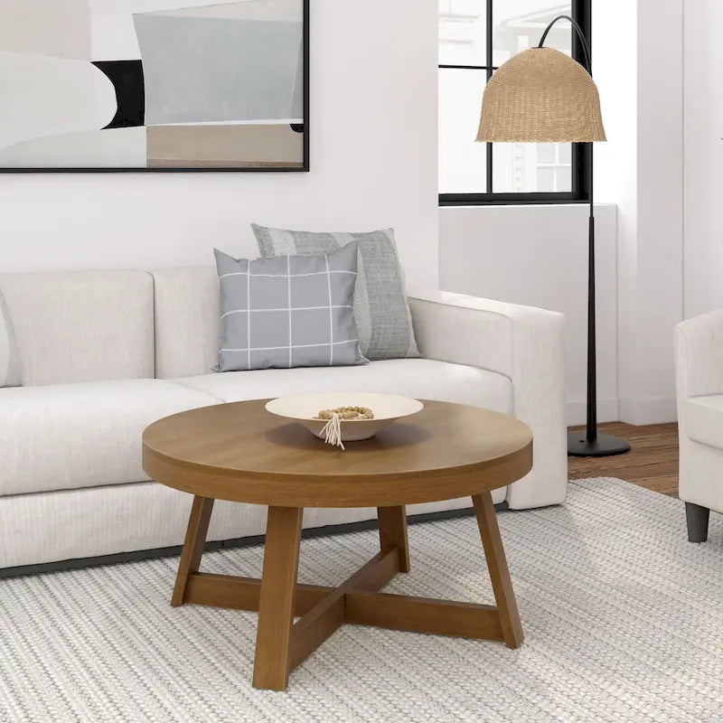 Round Solid Pine Wood Coffee Table Wirebrush Farmhouse Living Room