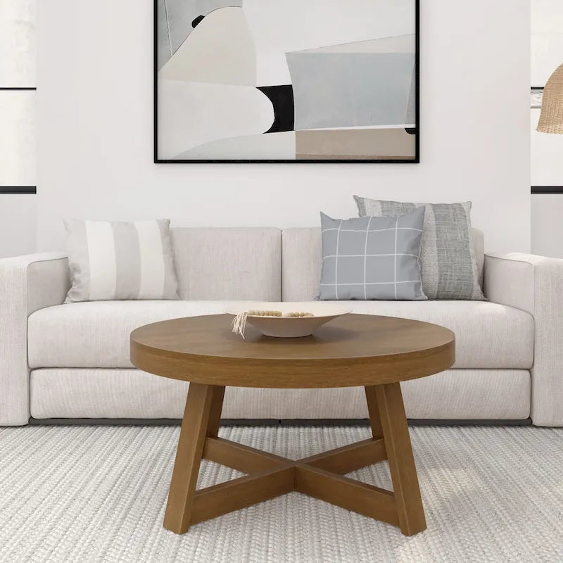 Round Solid Pine Wood Coffee Table Wirebrush Farmhouse Living Room