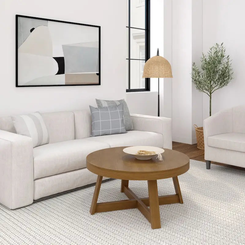 Round Solid Pine Wood Coffee Table Wirebrush Farmhouse Living Room