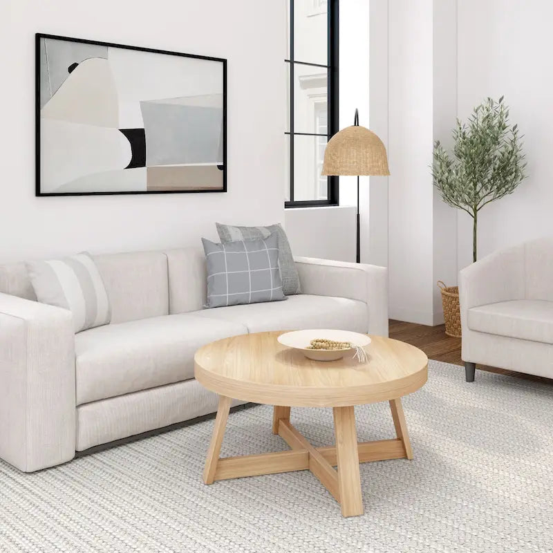 Round Solid Pine Wood Coffee Table Wirebrush Farmhouse Living Room