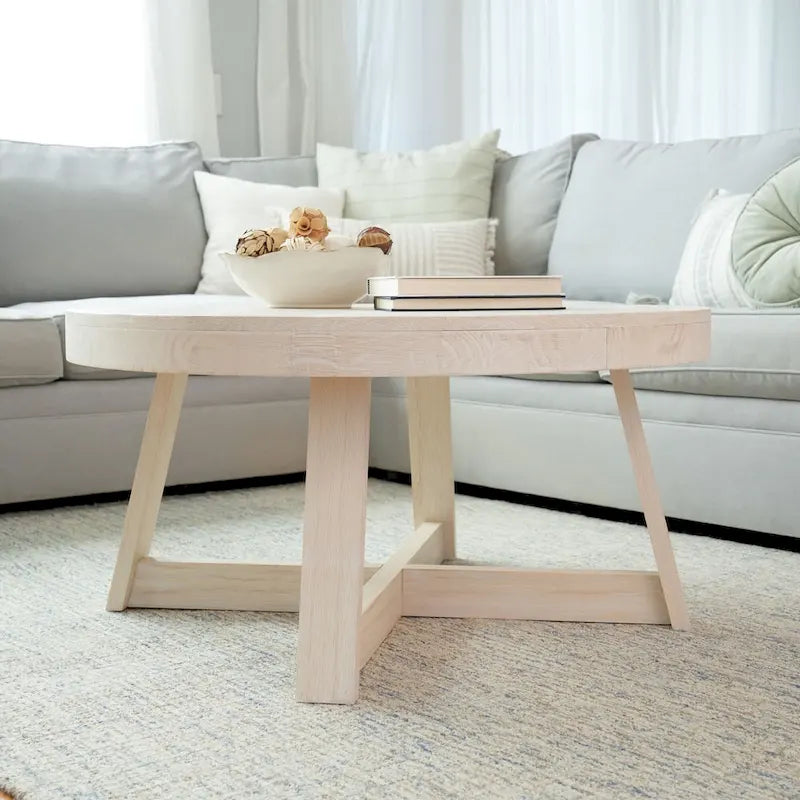 Round Solid Pine Wood Coffee Table Wirebrush Farmhouse Living Room