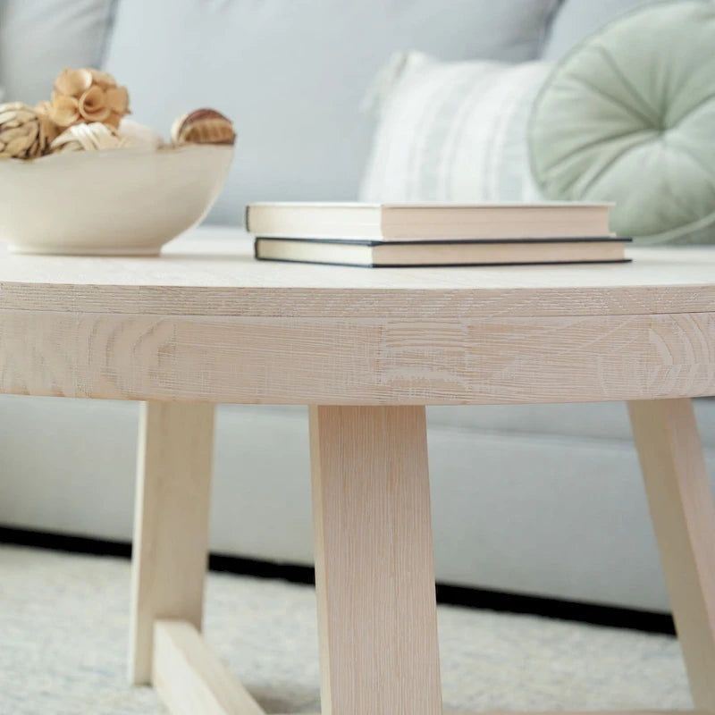 Round Solid Pine Wood Coffee Table Wirebrush Farmhouse Living Room