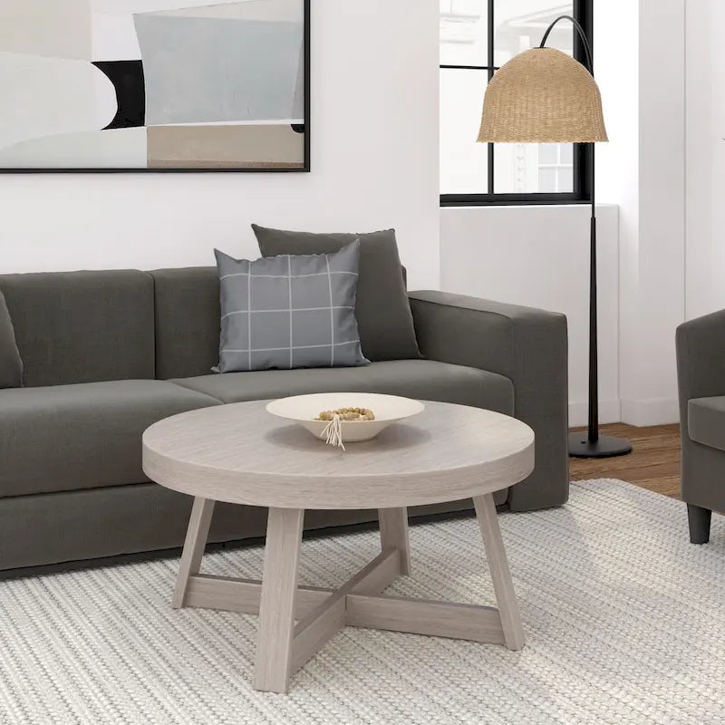 Round Solid Pine Wood Coffee Table Wirebrush Farmhouse Living Room