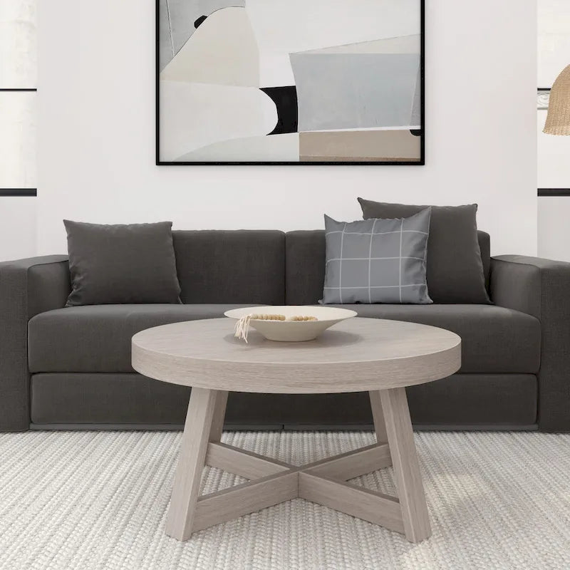 Round Solid Pine Wood Coffee Table Wirebrush Farmhouse Living Room
