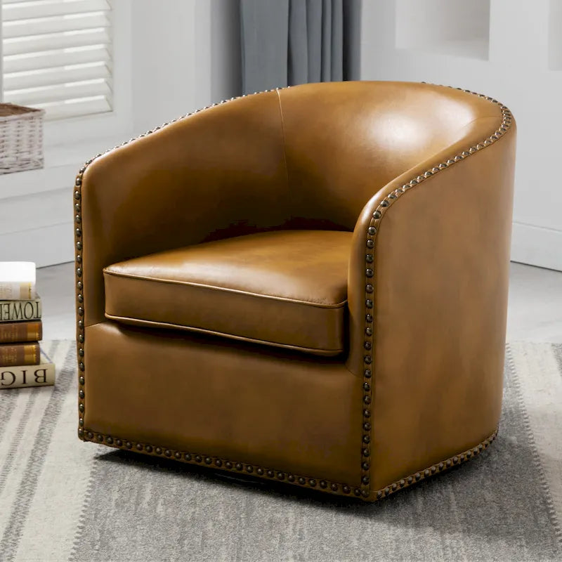 Faux Leather Swivel Barrel Accent Chair with Nailhead Trim