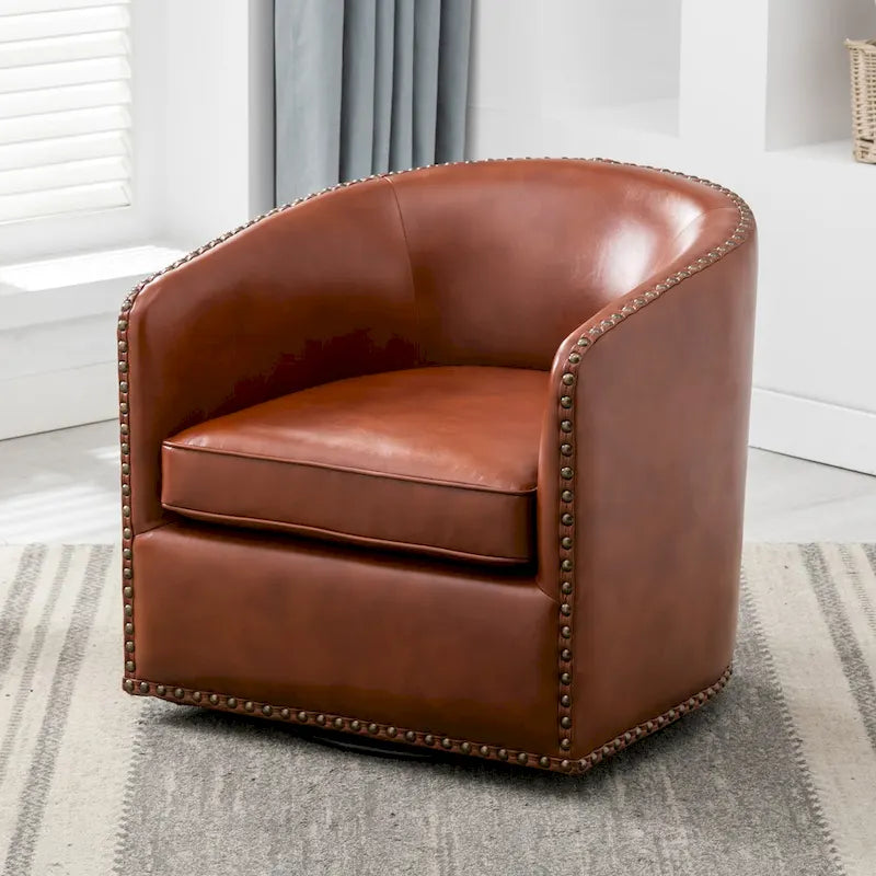 Faux Leather Swivel Barrel Accent Chair with Nailhead Trim