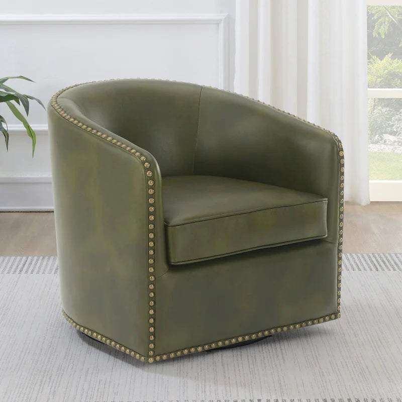 Faux Leather Swivel Barrel Accent Chair with Nailhead Trim